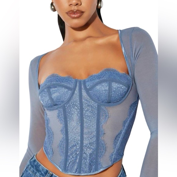 NWT SHEIN BAE Blue Sweetheart Neck Lace Panel Bustier Crop Mesh Top Size Small - Picture 1 of 10